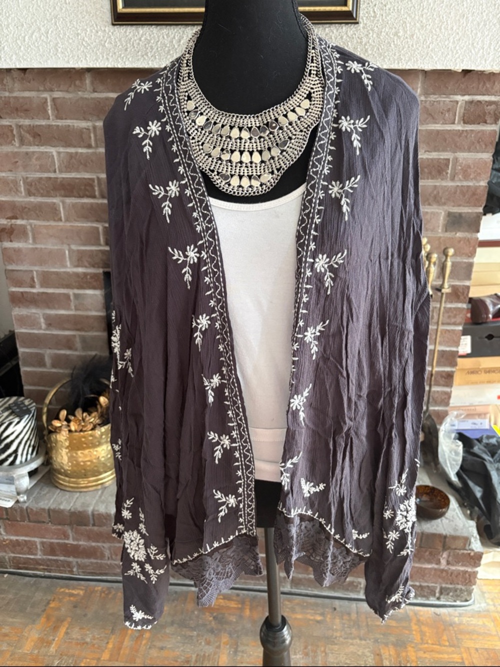 Free People Charcoal Gray Embroidered Open Kimono